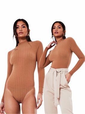 MISSGUIDED CAMEL EXTREME RIB HIGH NECK BODYSUIT - BNWT